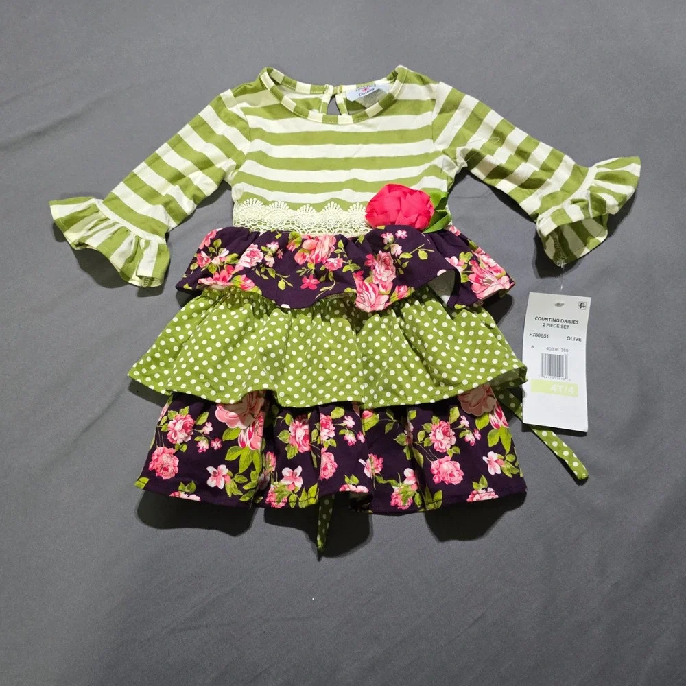 Counting Daisies Ruffle Dress Girls 4T Olive Floral Stripe Polka Dot F788651